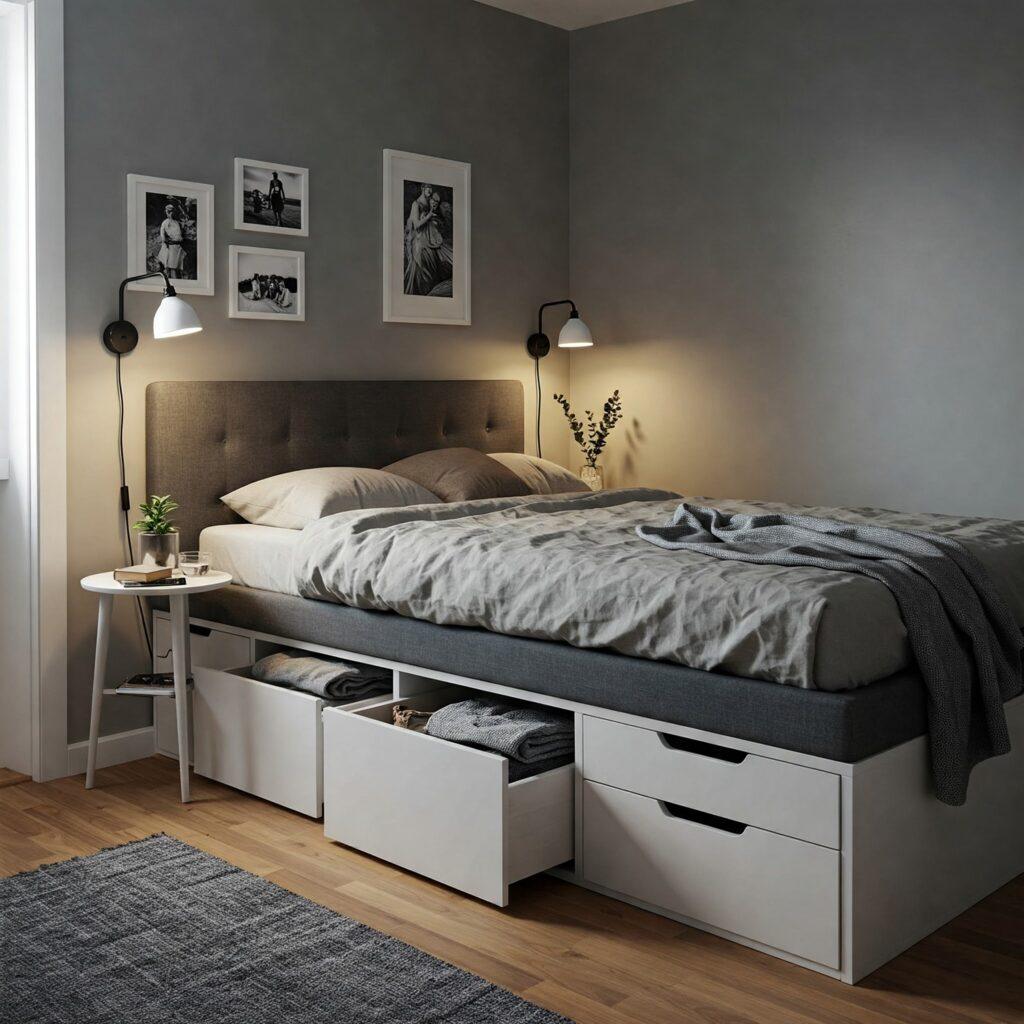 💡 20 Tiny Bedroom Ideas for Couples:
Opt for a queen-size bed with storage
Perfect balance of comfort and space-saving. Use warm lighting to enhance intimacy
Fairy lights or soft lamps set the mood. Install matching wall-mounted nightstands
Practical, space-saving, and visually balanced. Decorate with shared photo frames
Add personal touches without cluttering. Go for a neutral and calming palette
Soft tones create a cozy and relaxing space. Add under-bed drawers for joint storage
Ideal for organizing seasonal clothes or bedding. Create a “his and hers” closet zone
Small space doesn’t mean no organization. Hang curtains high to enlarge the room
Visually raises the ceiling and opens the space. Choose dual-purpose furniture pieces
Think beds with storage or benches with drawers. Keep nightstands symmetrical for harmony
Balances the room and keeps it peaceful. Use a full-length mirror to reflect light
Makes the room feel bigger and brighter. Layer bedding for a romantic look
Soft textures and throws add warmth. Opt for minimal decor with a few accents
Avoid clutter, focus on intimacy. Install floating shelves above the bed
Great for books, plants, or tiny decor. Pick space-saving wall sconces over lamps
Free up table space while adding soft light. Add a soft rug to anchor the bed
Defines the space and adds cozy texture. Go vertical with tall dressers or wardrobes
Maximizes storage without taking up width. Use soft sheer curtains for natural light
Keeps things romantic and bright during the day. Incorporate romantic scents with diffusers
Lavender or vanilla can make it feel like a spa. Personalize with initials or love quotes
Add a couple’s touch to your cozy hideaway.
