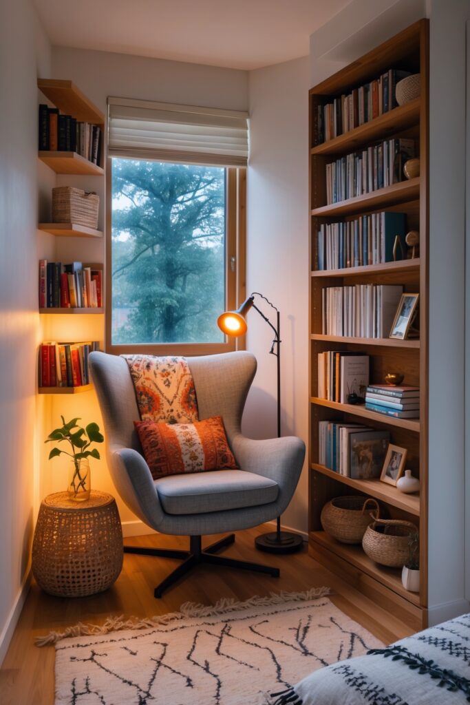Small bedroom corner with comfy chair, tall corner bookshelf, warm reading light, cozy blanket, and modern boho decor style.