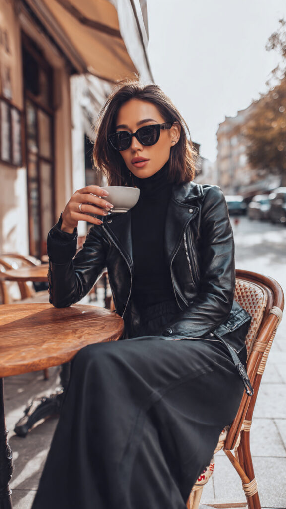 Black Leather Jacket + Turtleneck + Wide-Leg Pants